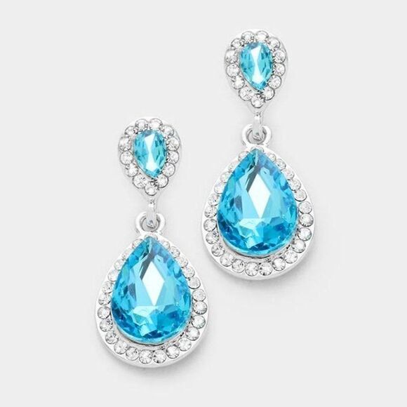 Aqua Blue Crystal Teardrop Evening Silver Earrings - Picture 1 of 6